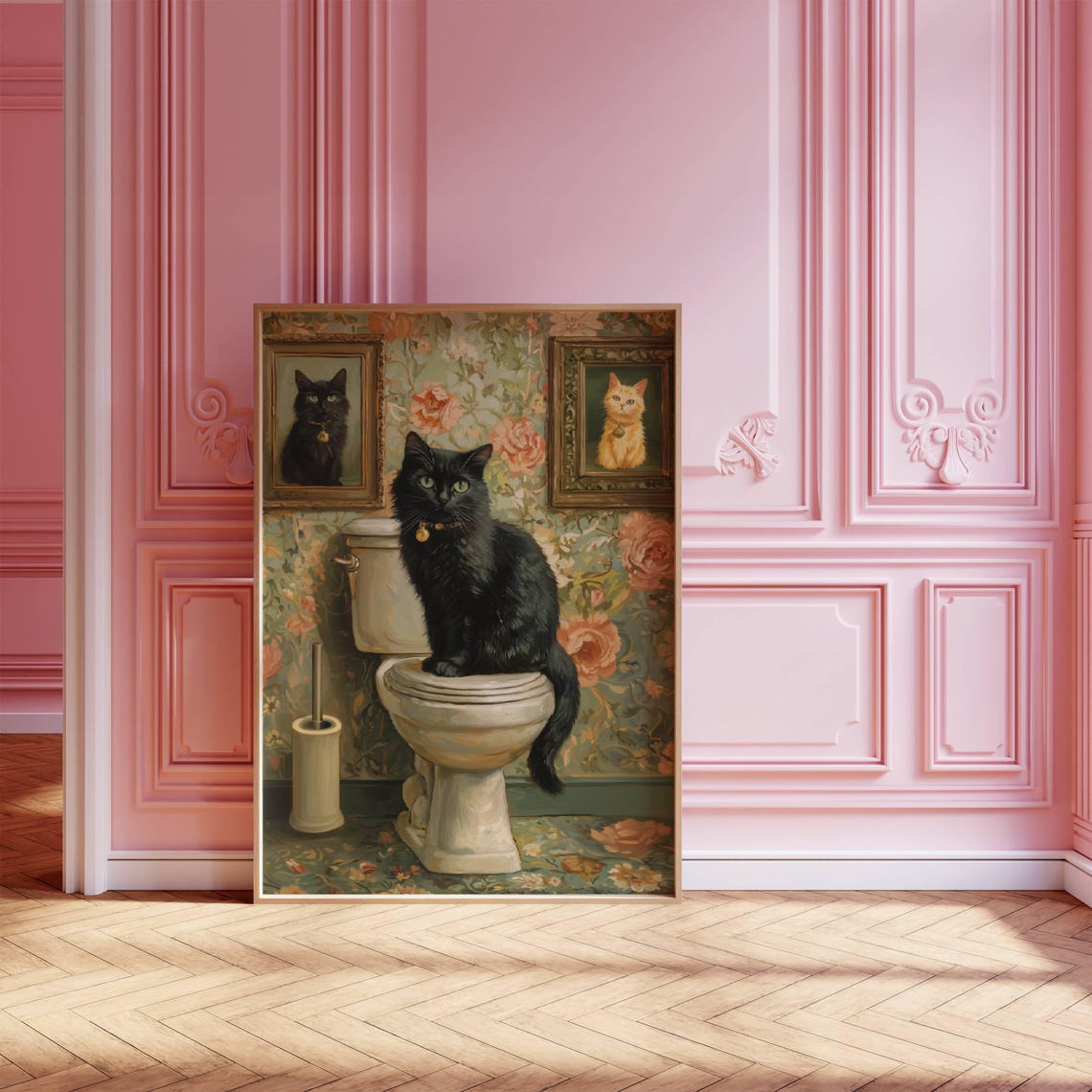Black Cat Sitting on a Toilet in a Vintage Floral Bathroom Poster - Image 6