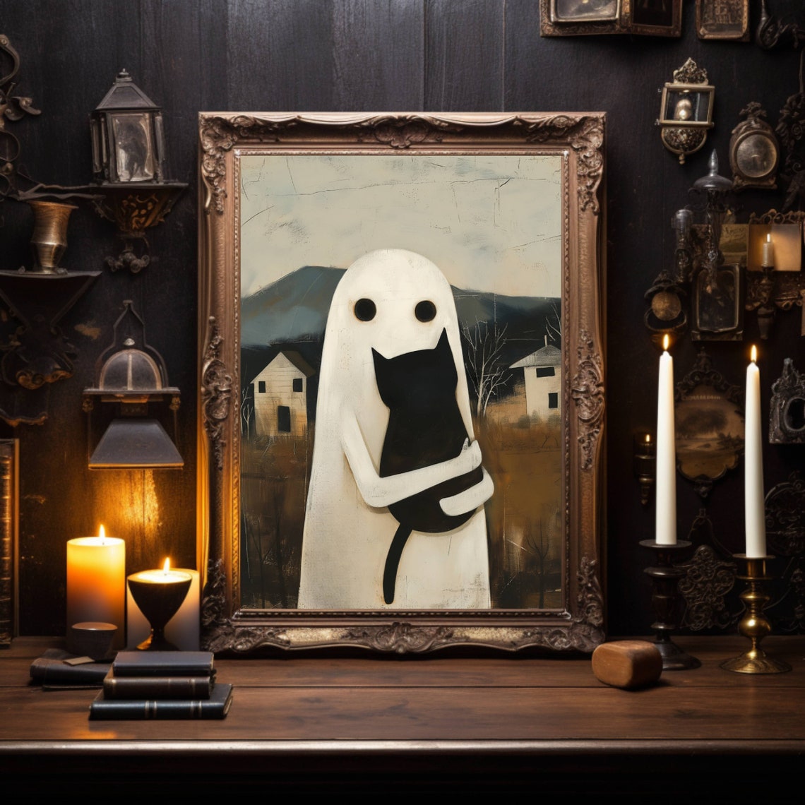 A Friendly Ghost Hugging A Black Cat In A Country Folk Art Poster - Image 2