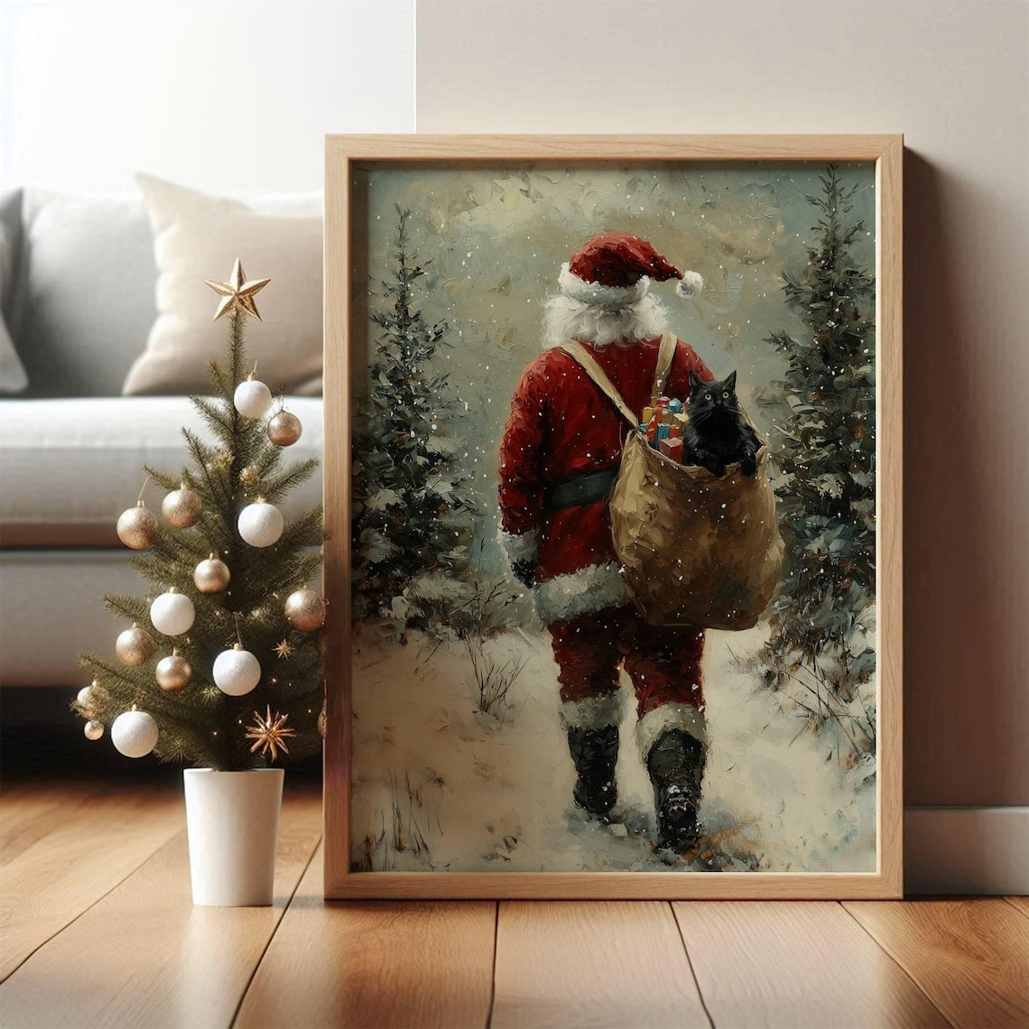 Santa Claus Walking Through Snow With Cat in His Sack Poster