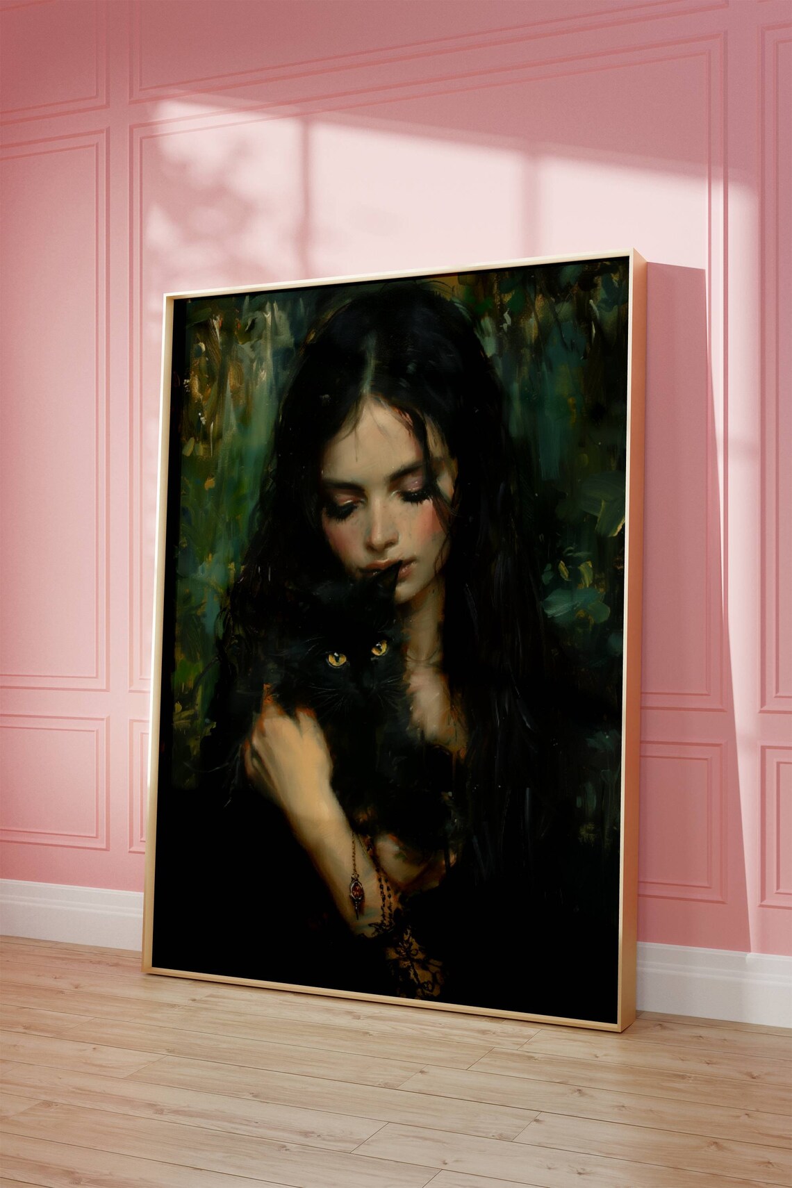 Girl Nuzzling A Black Cat In A Moody Green Forest Oil Art Poster - Image 7