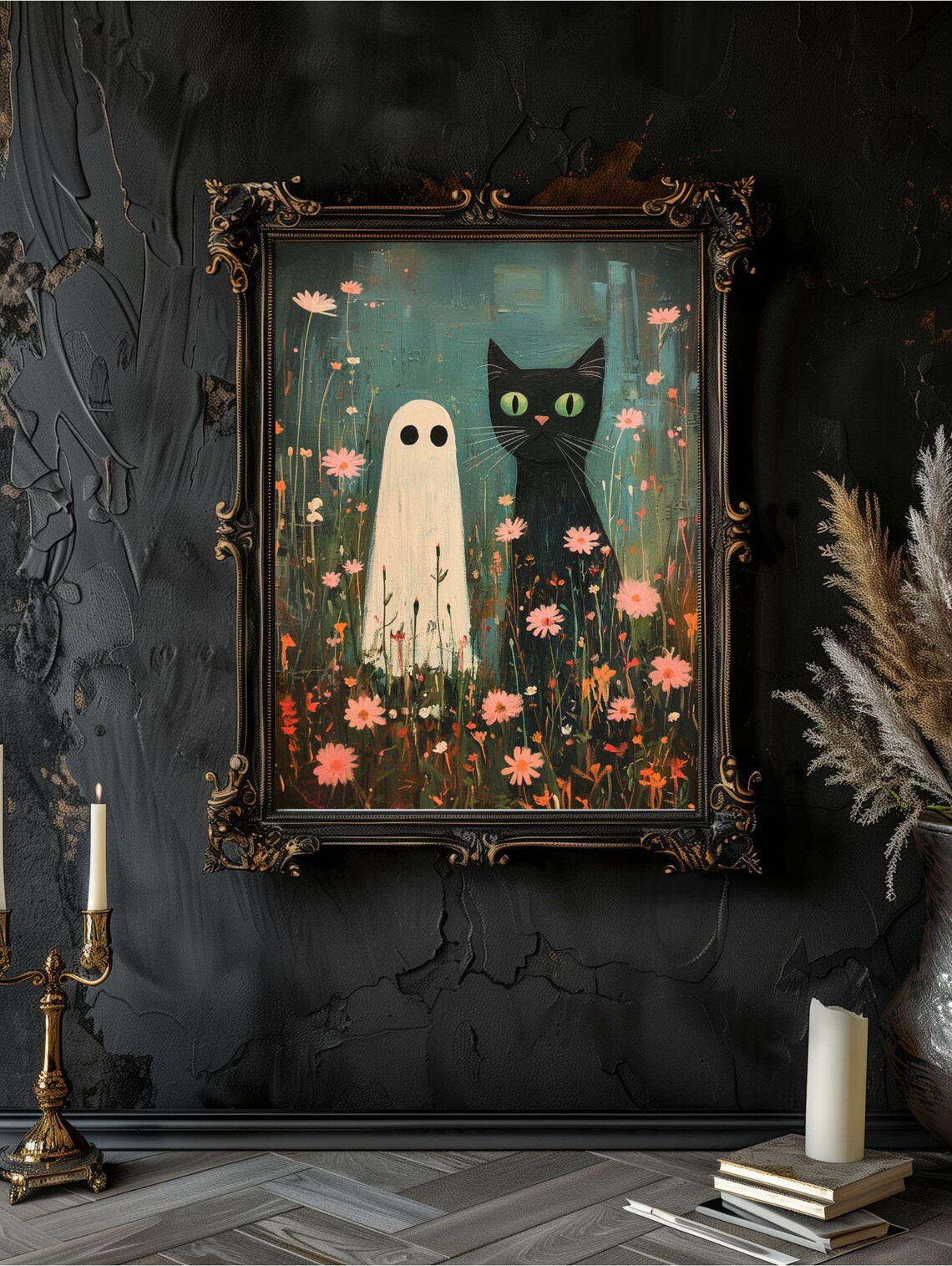 Sweet Ghost and Green-Eyed Black Cat Standing in a Wildflower Meadow Poster - Image 7