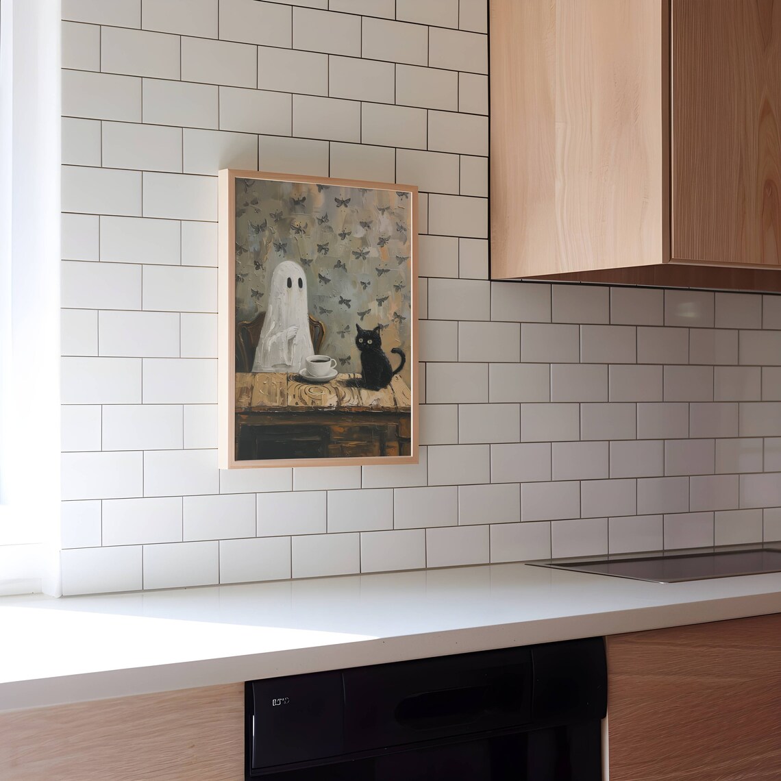 Coffee Time Ghost and Black Cat, Halloween Art Print - Image 5
