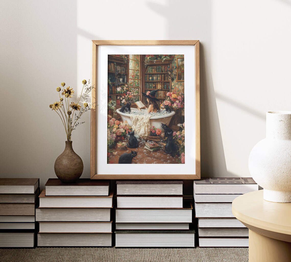 Witch Reading in Bathtub with Black Cats Art Print - Image 5
