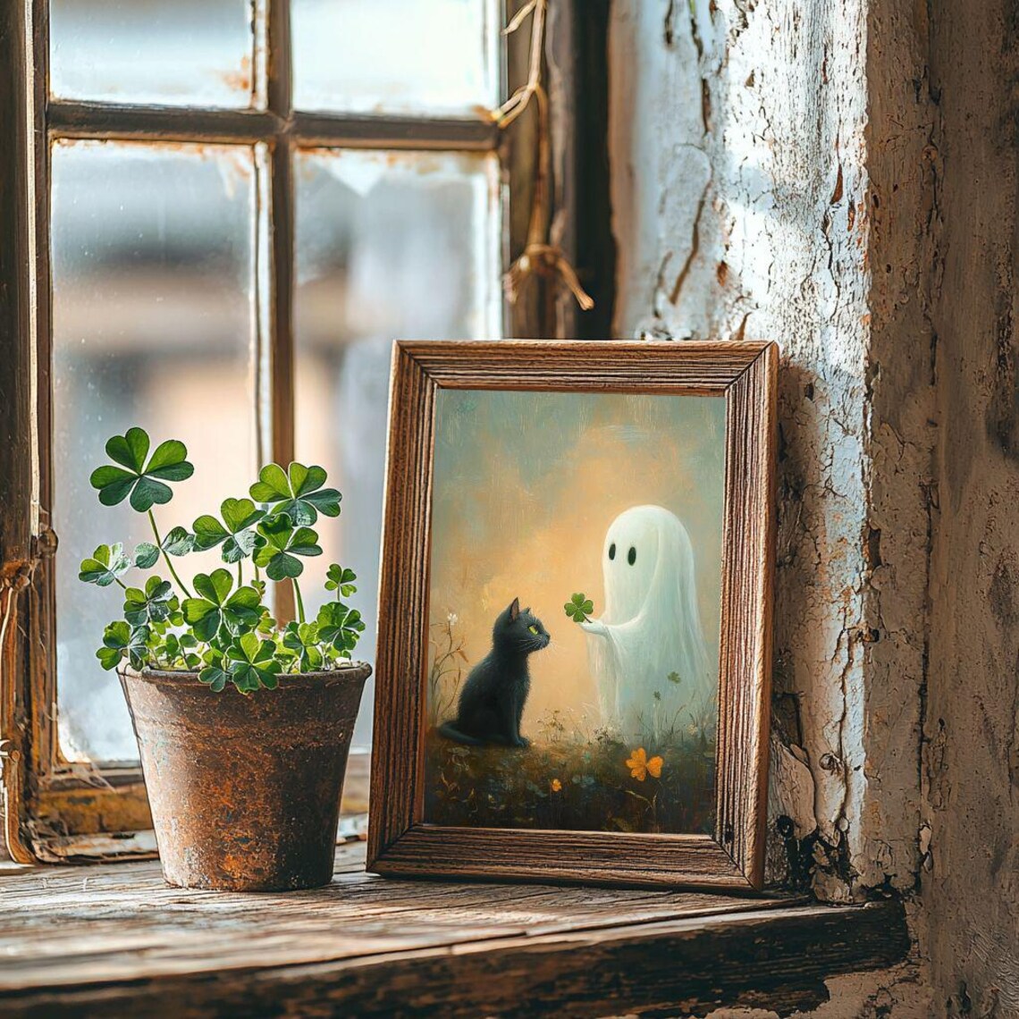 Black Cat And Ghost With Four Leaf Clover Art Print - Image 7