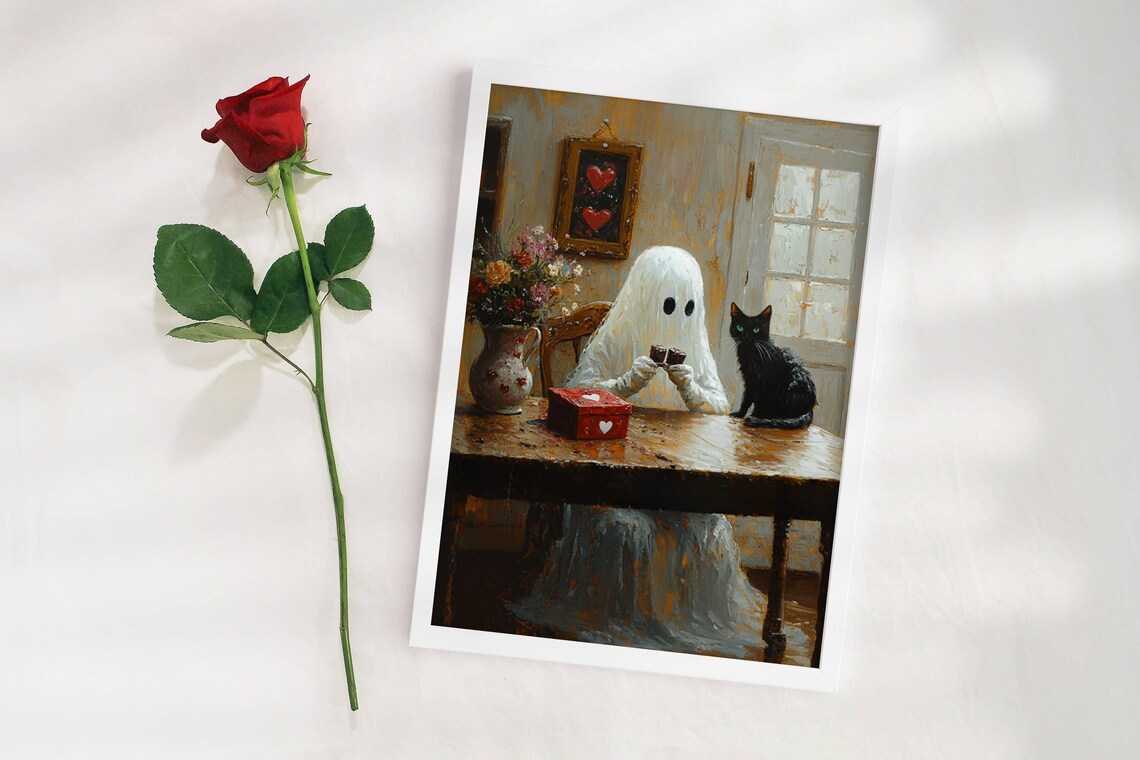 Ghost Sharing Valentine Chocolates with Black Cat Whimsical Poster - Image 3