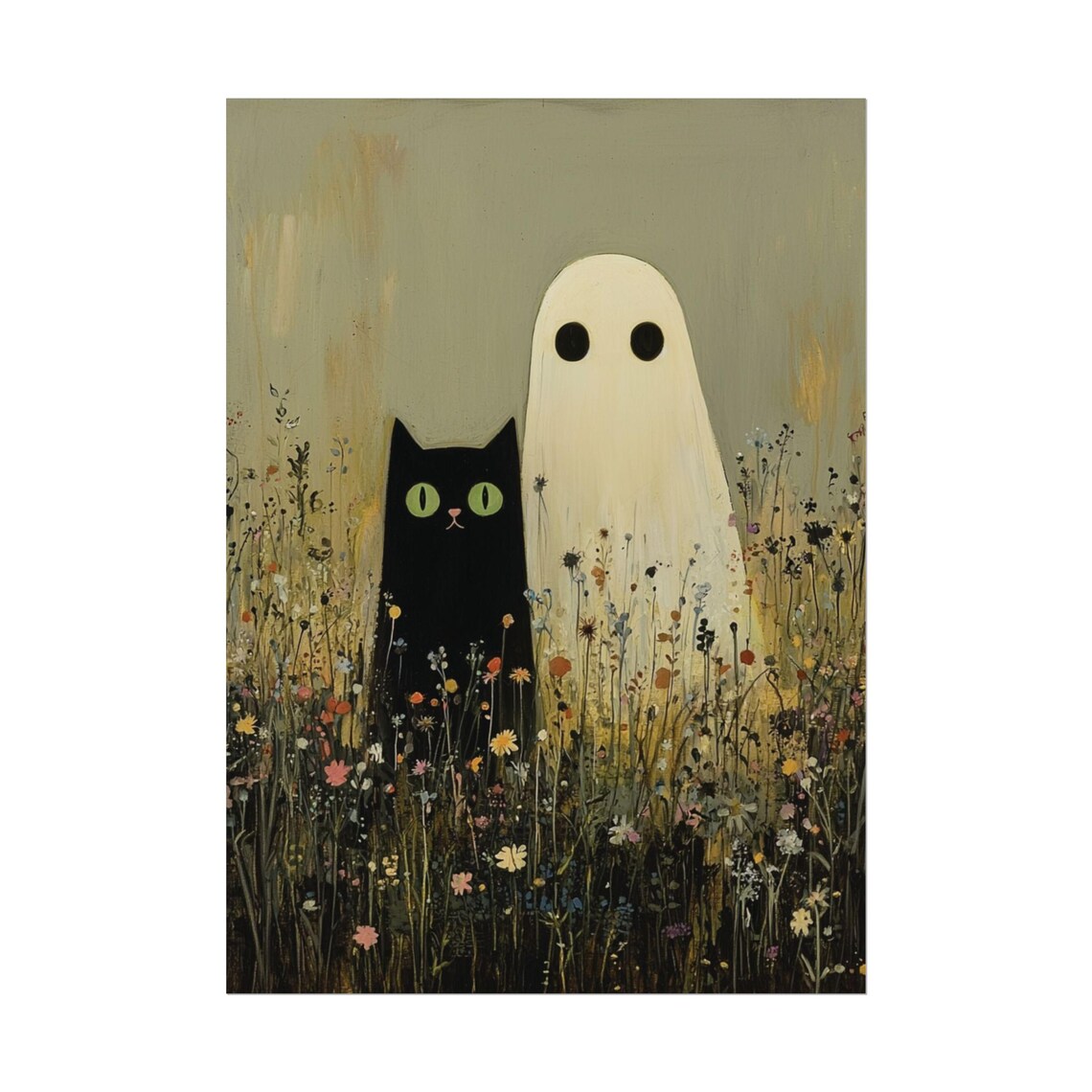 Ghost And Cat in Wildflowers, Cats and Wildlife Art Print - Image 4