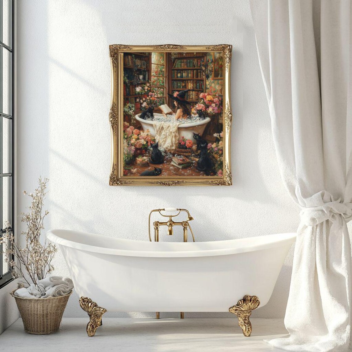 Witch Reading in Bathtub with Black Cats Art Print - Image 2