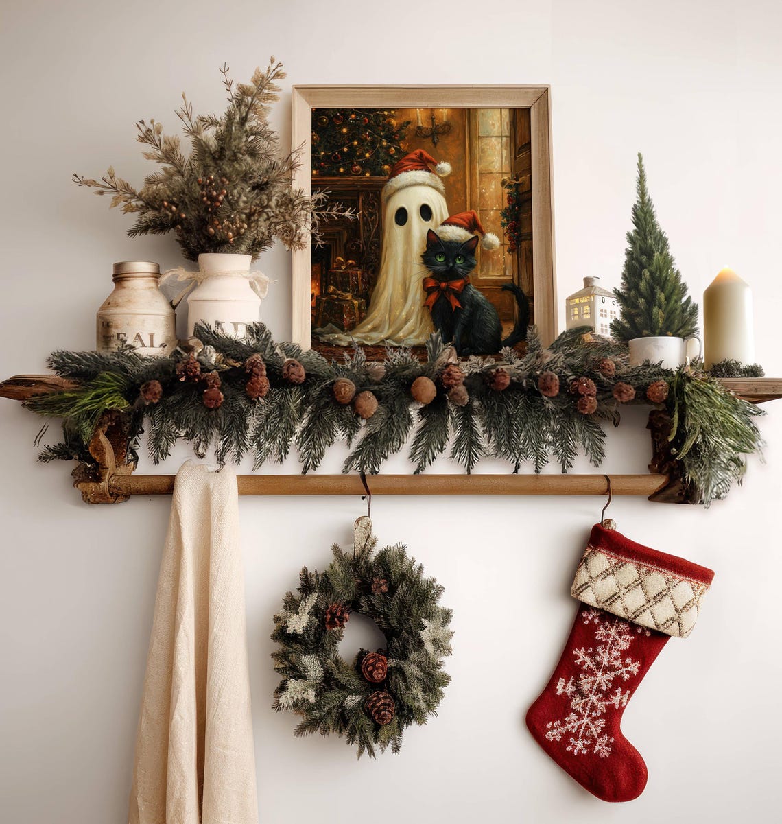Cute Ghost and Black Cat in Santa Hats by a Fireplace Poster - Image 2