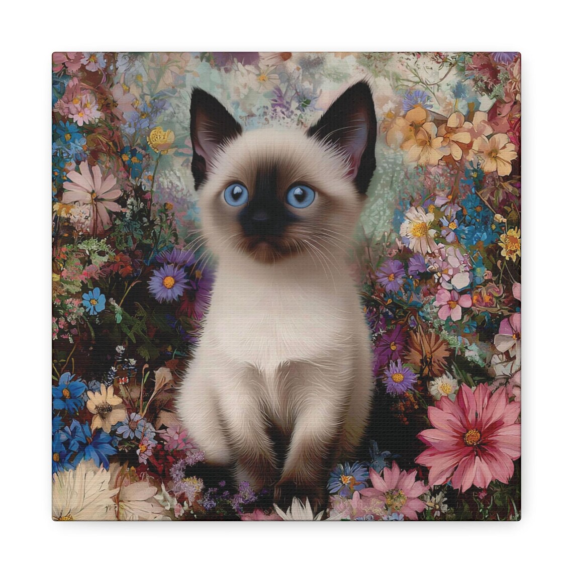 Blue-Eyed Siamese Kitten Sitting in a Burst of Colorful Spring Wildflowers Poster - Image 2
