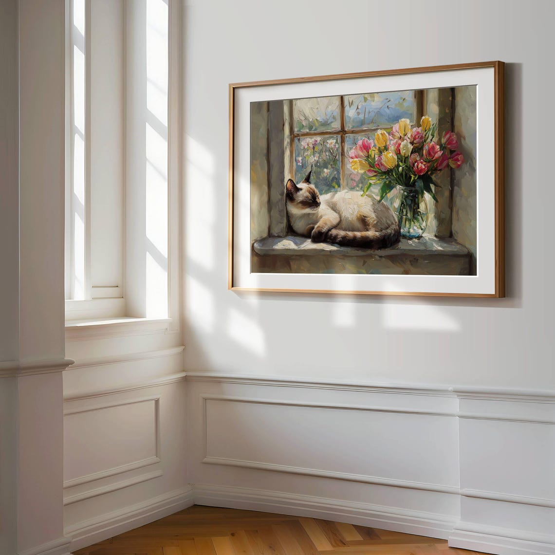 Sleeping Siamese Cat on a Windowsill Beside Tulips Spring Poster - Image 2
