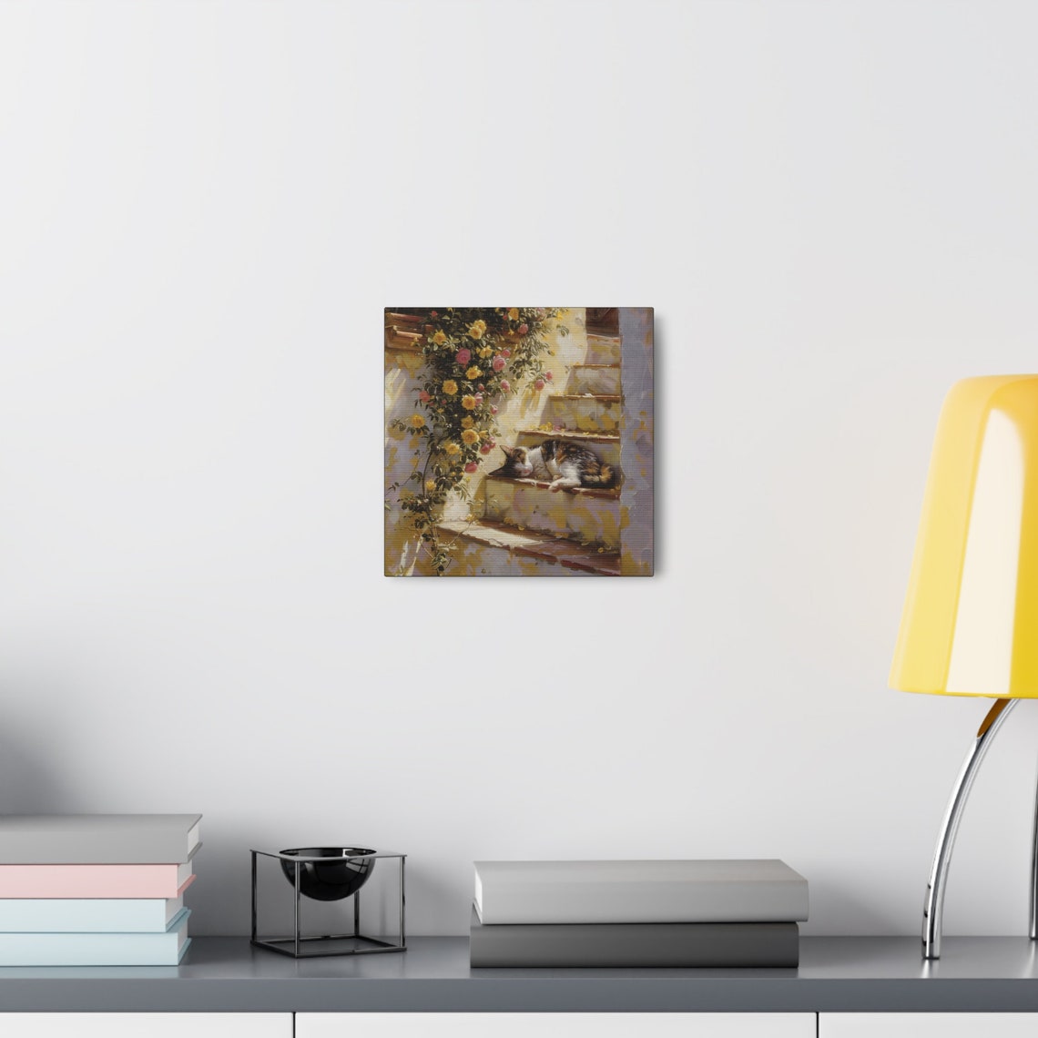 Calico Cat Napping on Sunlit Steps Under Climbing Roses Poster - Image 7