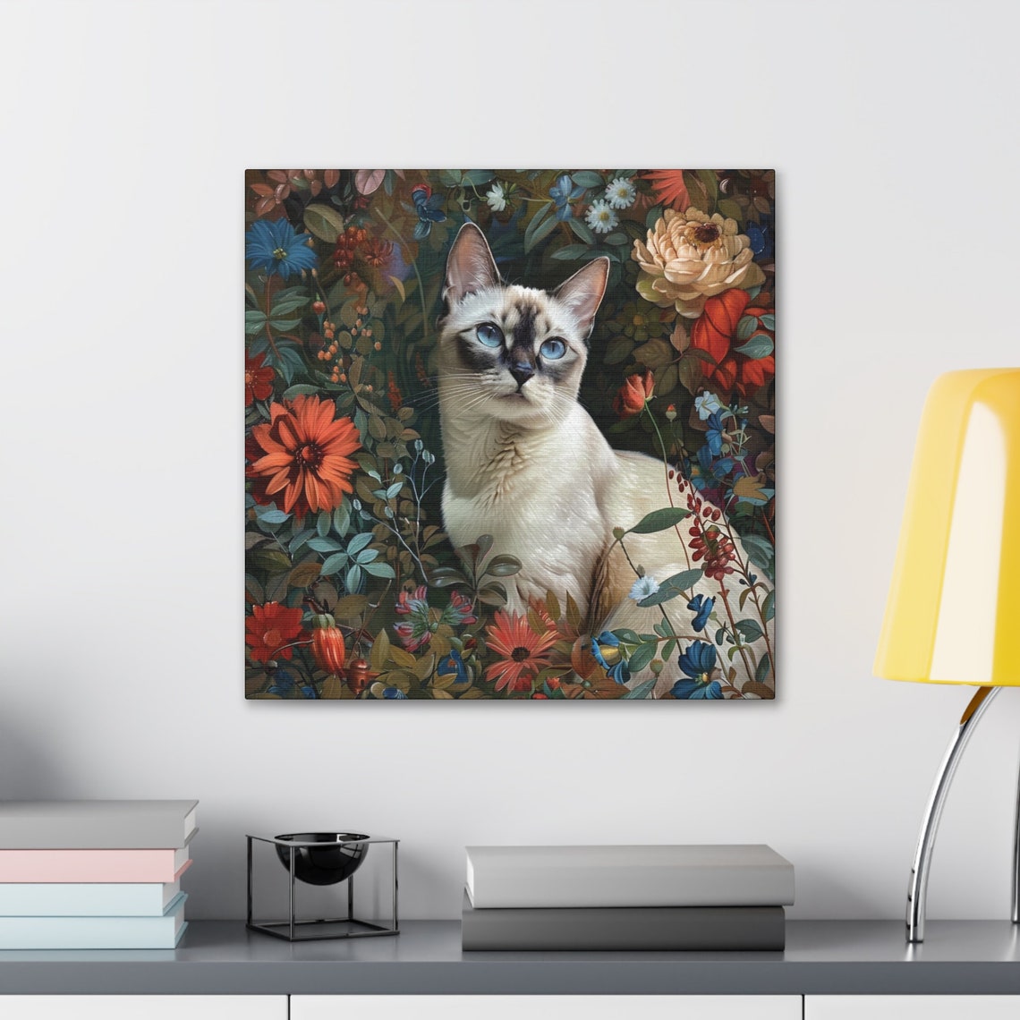 Siamese Cat with Blue Eyes Among Dark Botanical Flowers Poster - Image 3
