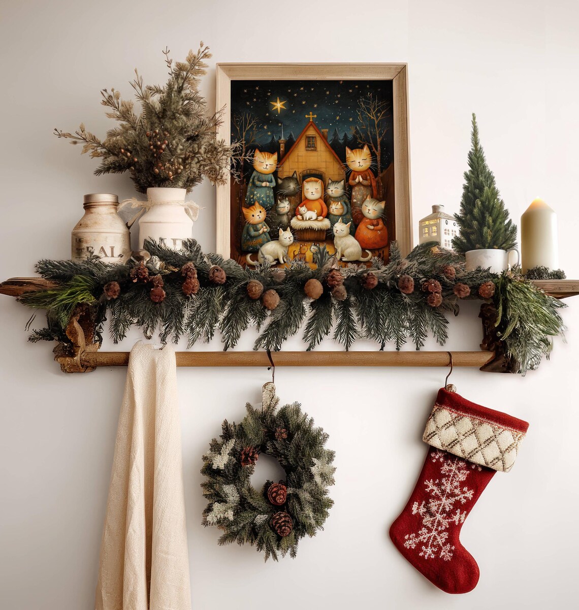 Folk Art Cat Nativity Scene Christmas Poster - Image 2