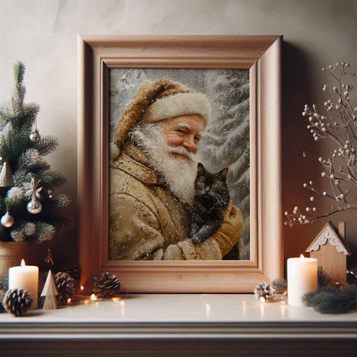 Santa Claus Holding a Black Cat in a Snowy Forest Christmas Poster - Image 6
