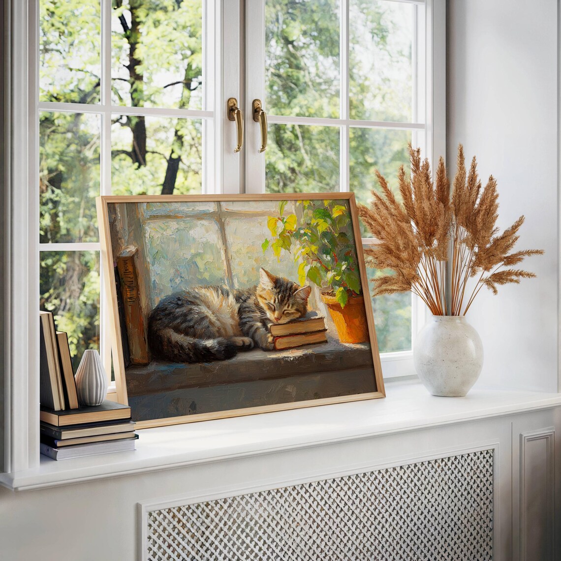 Tabby Cat Sleeping on Books, Bookish Art Print - Image 5