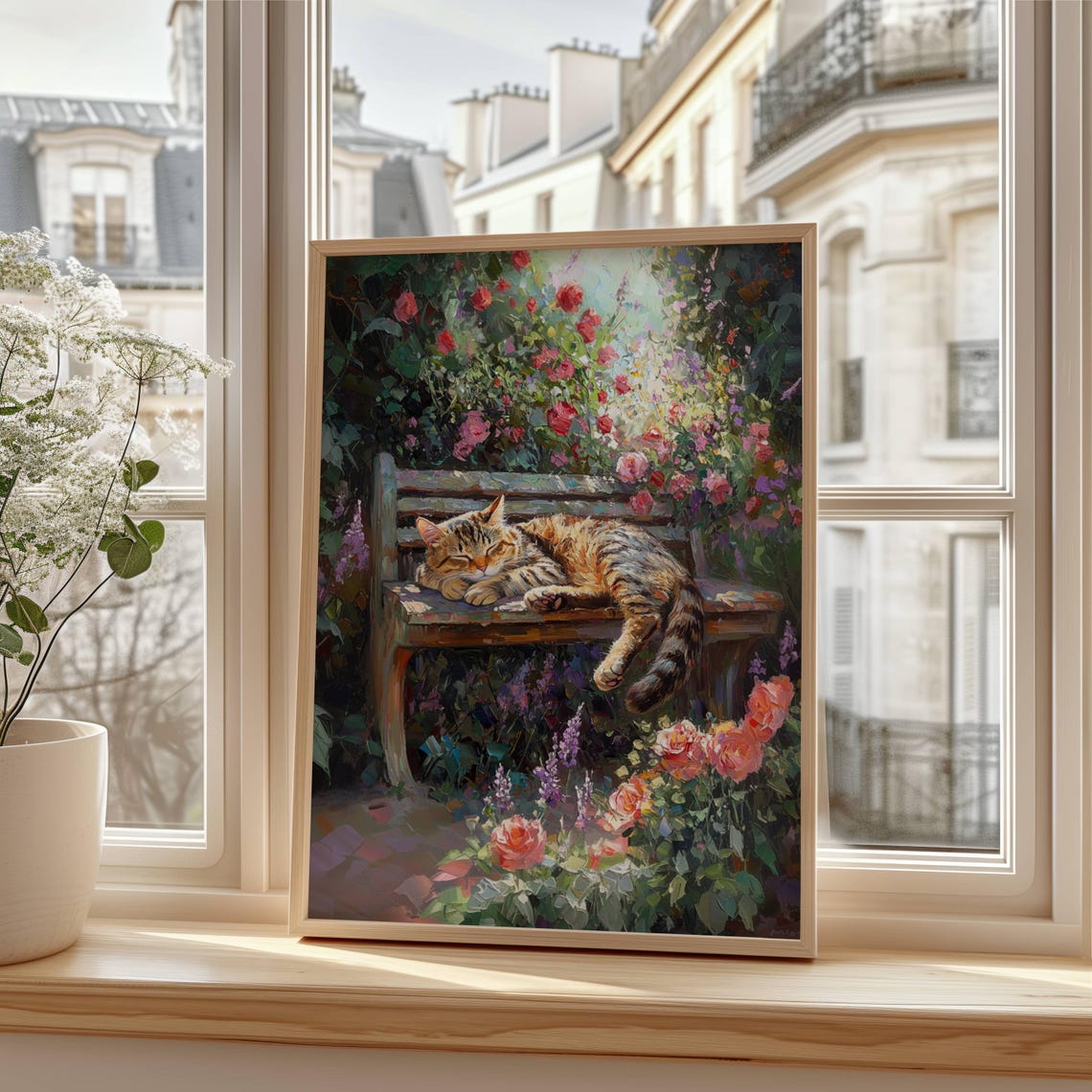 Sleeping Tabby Cat on a Garden Bench Among Roses and Lavender Poster - Image 7