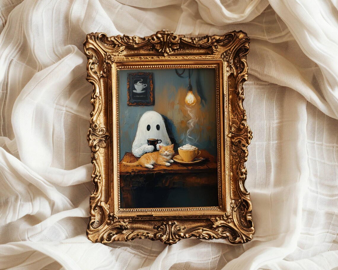 Ghost And Cat Coffee Break, Whimsigoth Kitchen Art Print - Image 7
