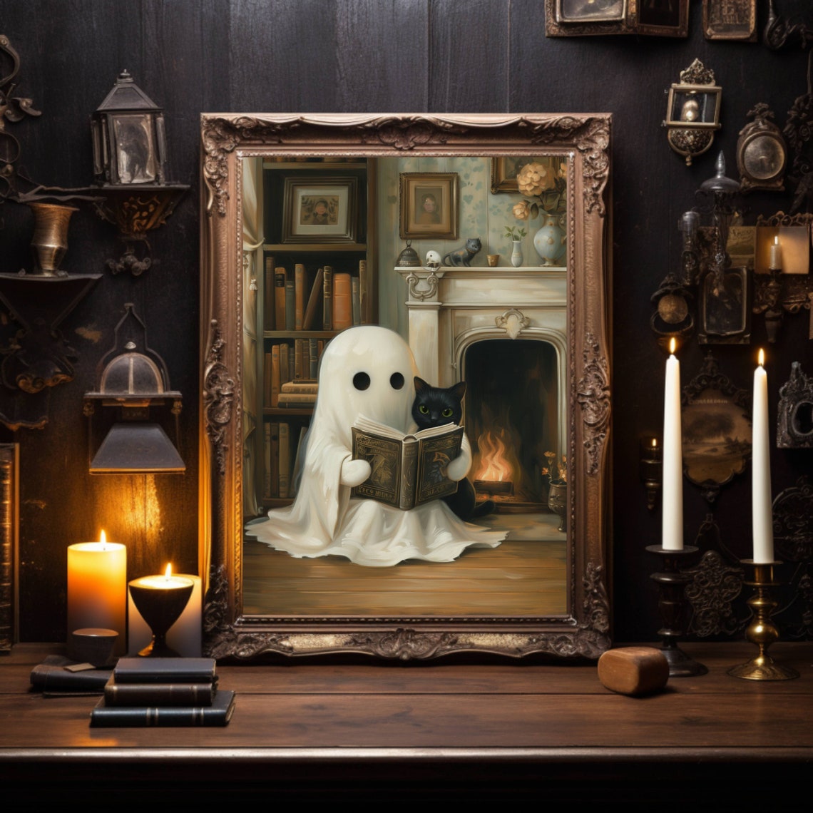Cute Ghost Reading a Book With Black Cat by the Fireplace Poster - Image 5
