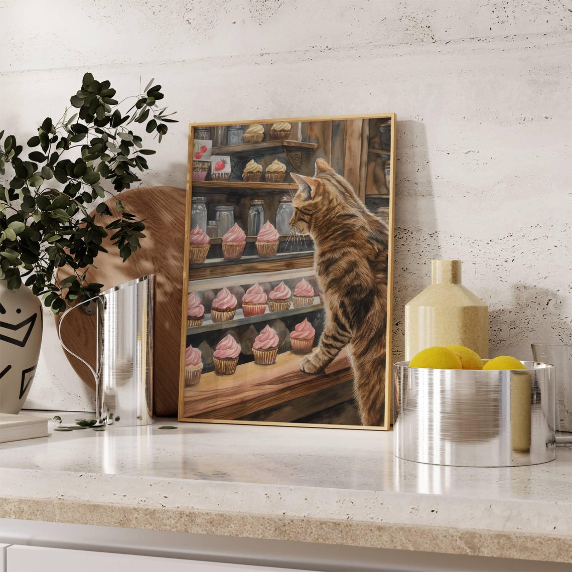 Tabby Cat Gazing at Pink Cupcakes in Bakery Display Watercolor Poster - Image 7