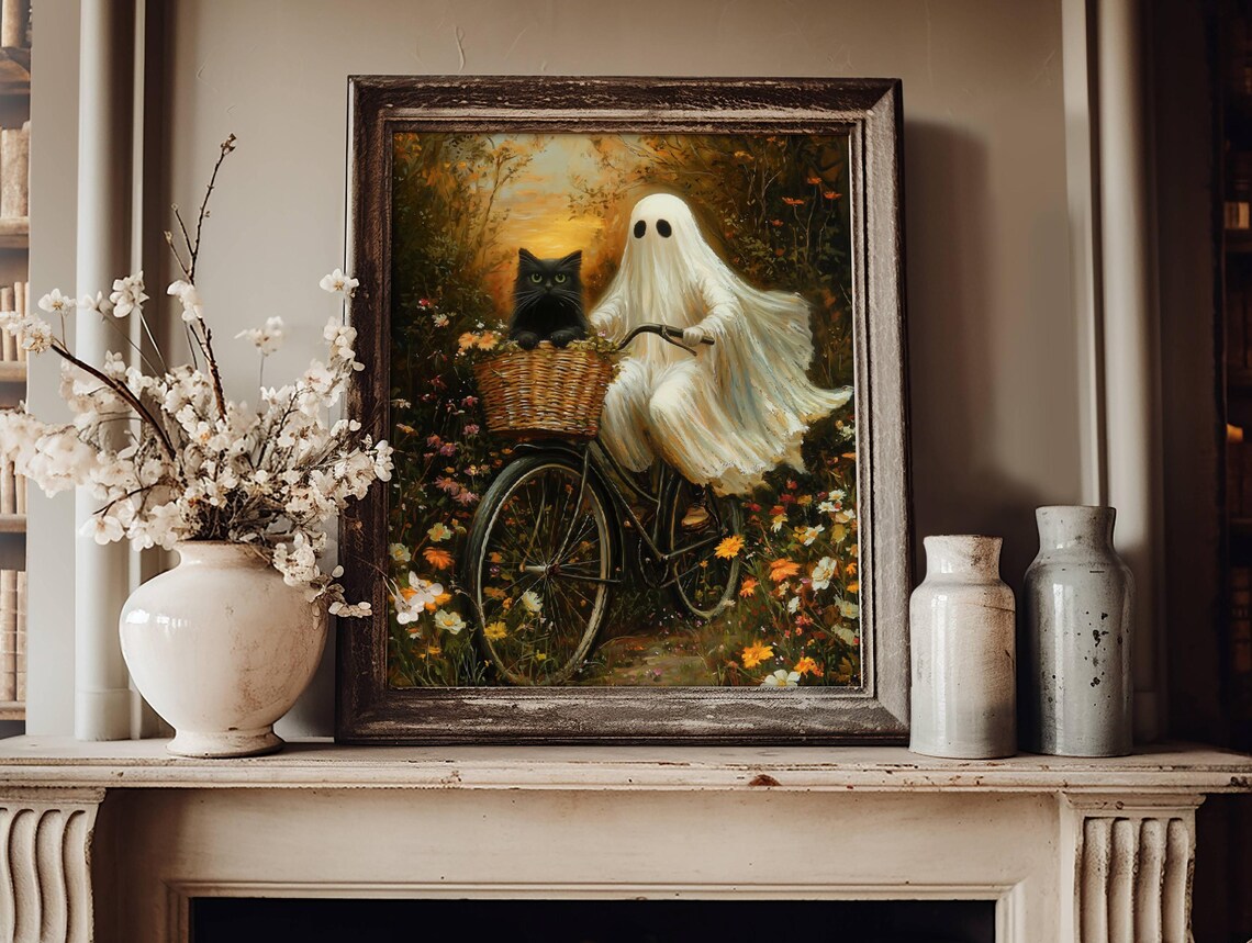 Ghost Riding a Bike With Cat, Whimsigoth Halloween Art Print - Image 7