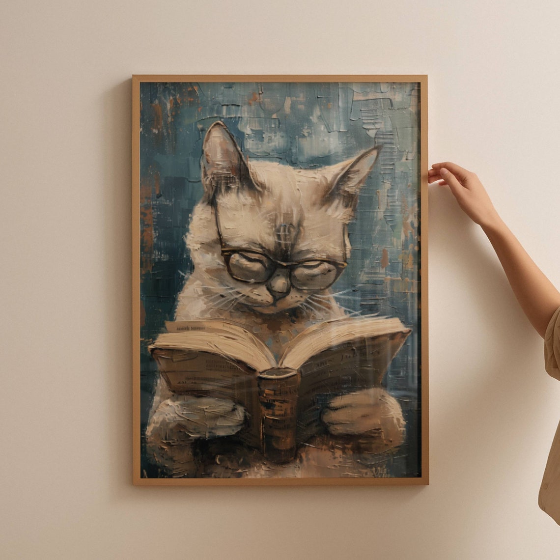 Siamese Cat With Glasses Reading A Book In A Library Art Poster - Image 2