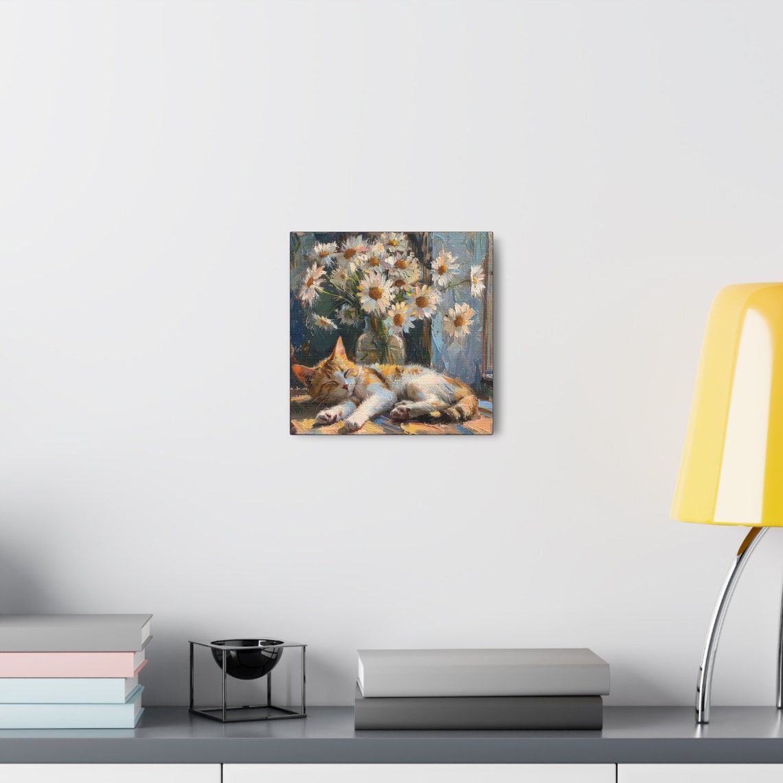 Calico Kitten Sleeping Under a Vase of White Daisy Blooms Poster - Image 5