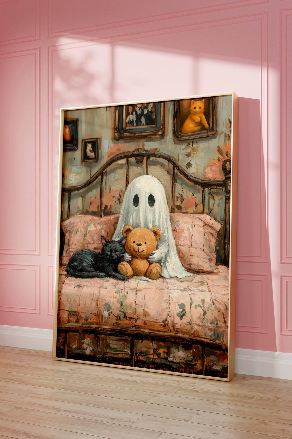 Ghost Cuddling a Teddy Bear on a Bed With a Sleeping Cat Poster - Image 7