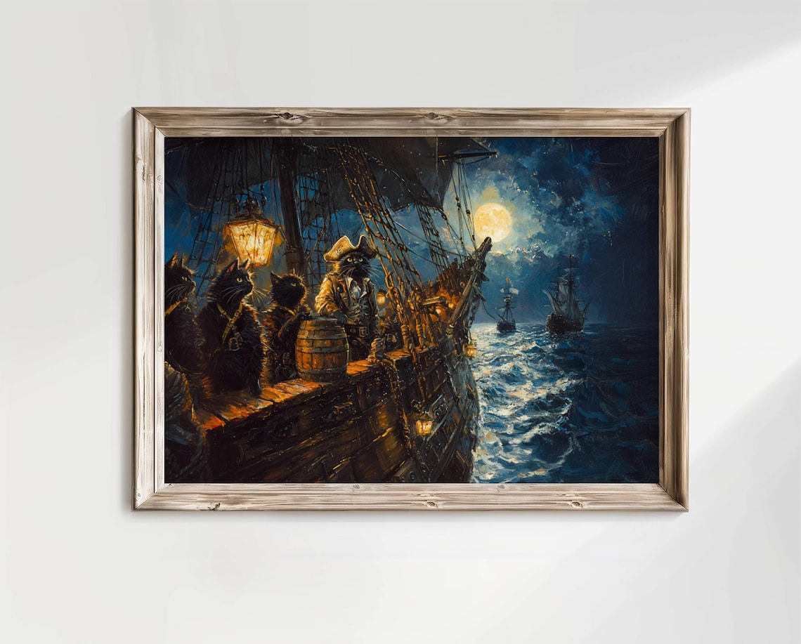 Black Cat Pirate Ship Moonlit Night Nautical Cats at Sea Poster