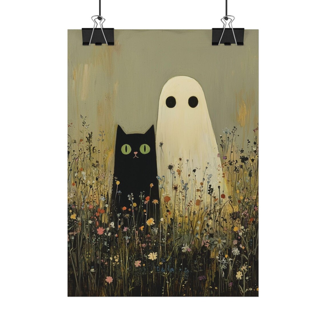 Ghost And Cat in Wildflowers, Cats and Wildlife Art Print - Image 3