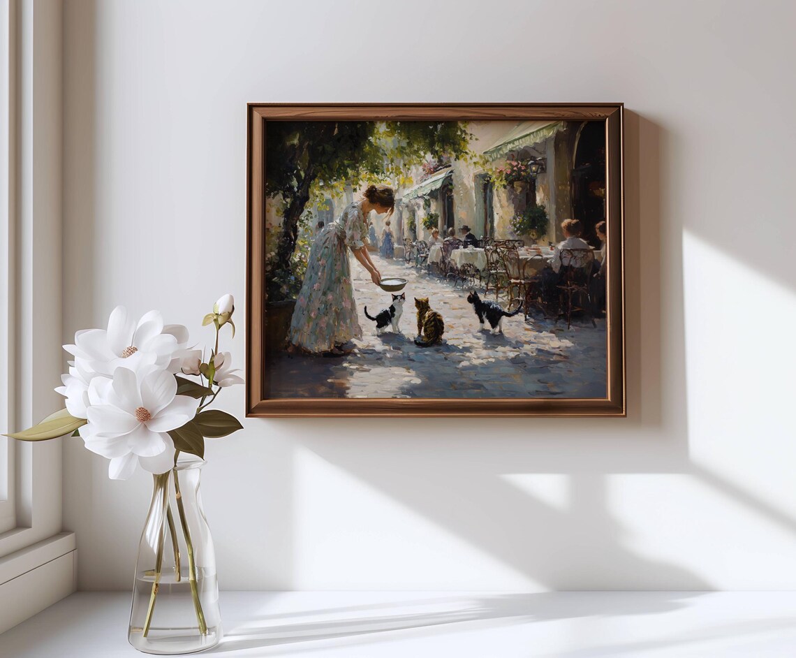 Woman Feeding Cats at Outdoor Cafe, Impressionist Art Print - Image 4