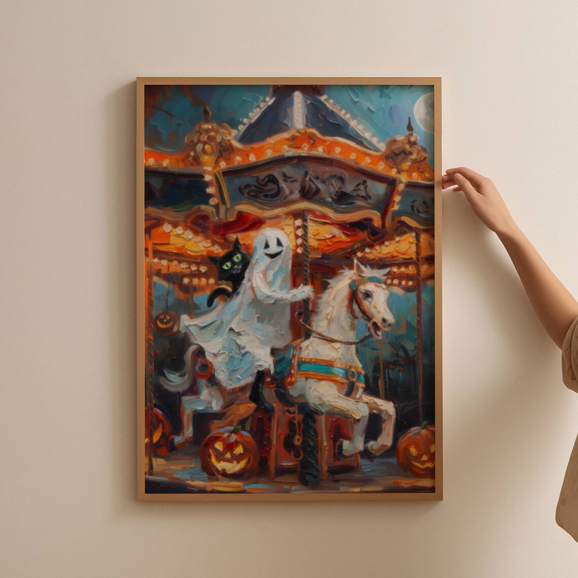 Ghost and Black Cat Carousel Halloween Art Print - Image 3