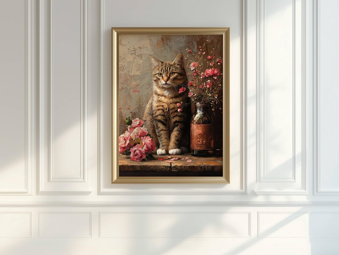 Regal Tabby Cat Sitting Gracefully Among Pink Roses and a Vintage Bottle Poster - Image 2