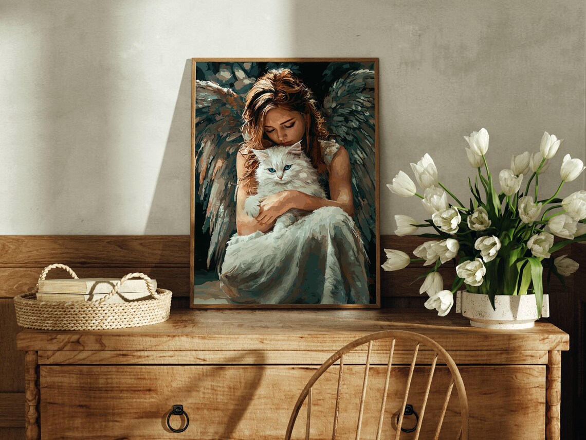 Gentle Angel Tenderly Embracing a Fluffy White Cat in a Painterly Spiritual Print - Image 3