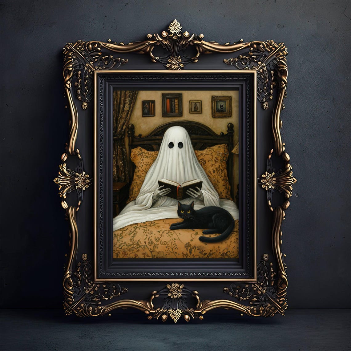 Ghost Reading In Bed With A Black Cat Funny Dark Academia Poster - Image 3
