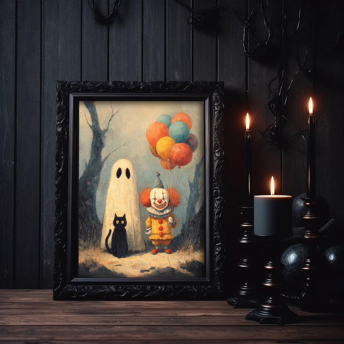 Creepy Clown Black Cat Gothic Halloween Art Print
