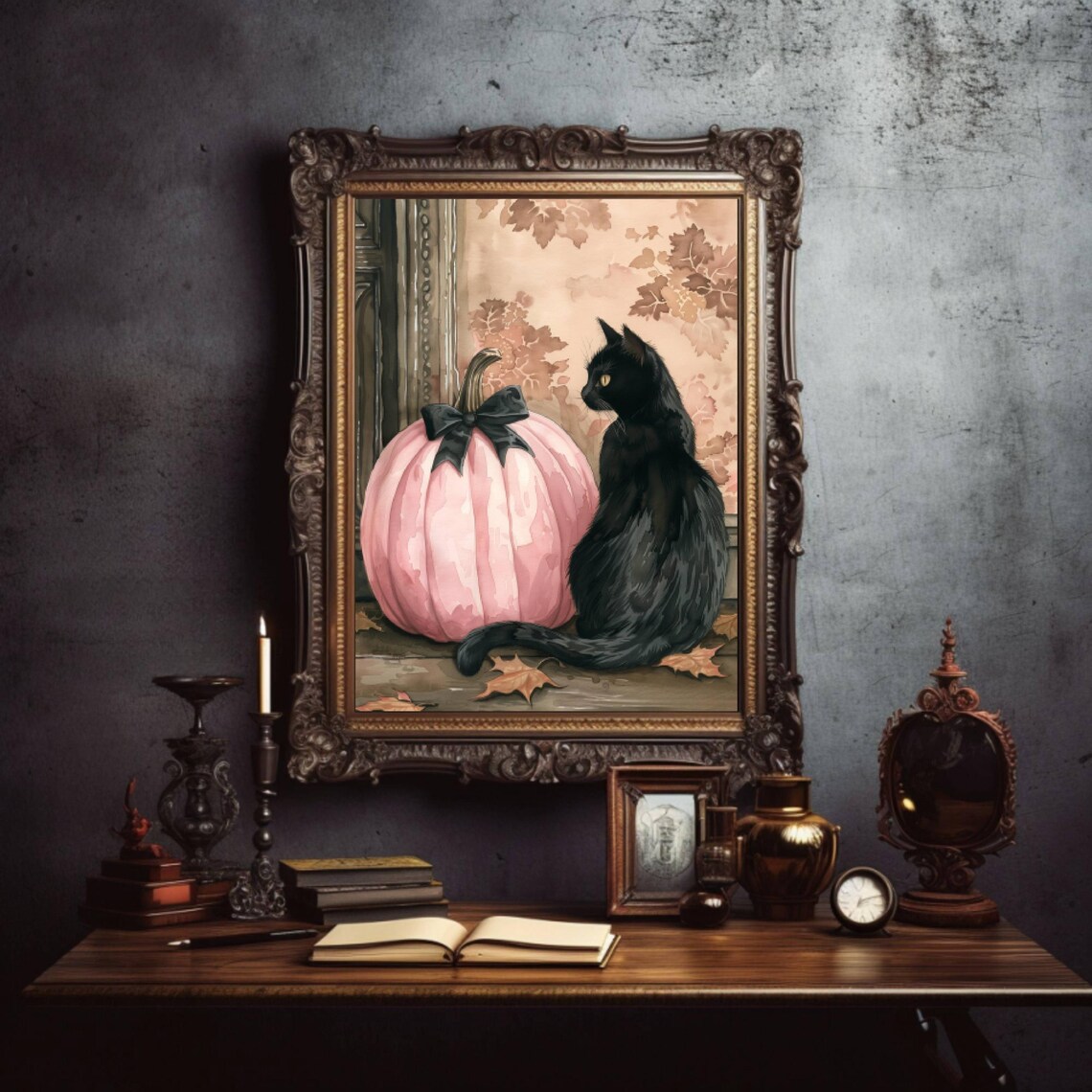 Coquette Black Cat and Pink Pumpkin Whimsigoth Art Print - Image 2