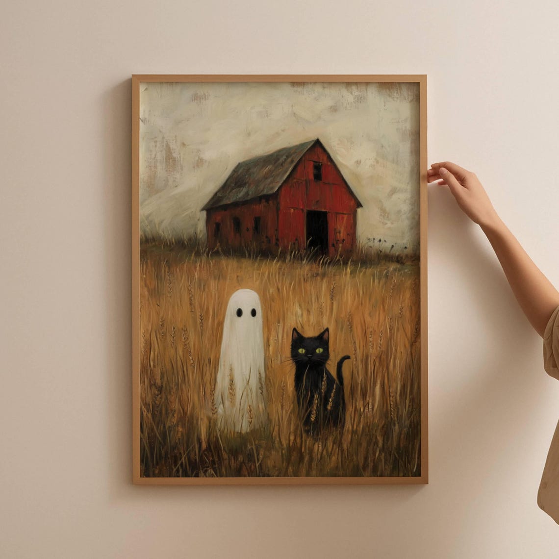 Ghost And Black Cat In A Wheat Field By A Rustic Red Barn Poster - Image 5
