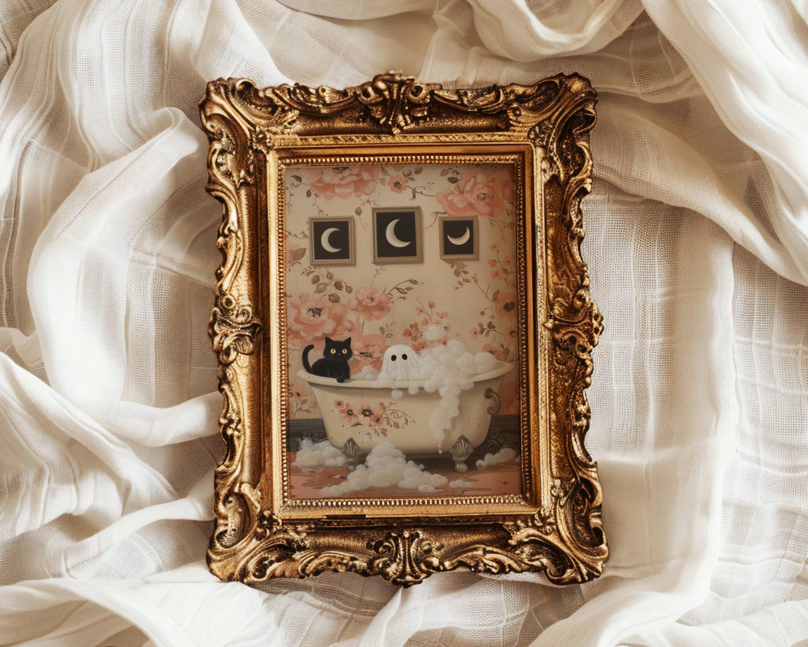 Cute Ghost and Black Cat Sharing a Floral Bubble Bath Halloween Poster - Image 3