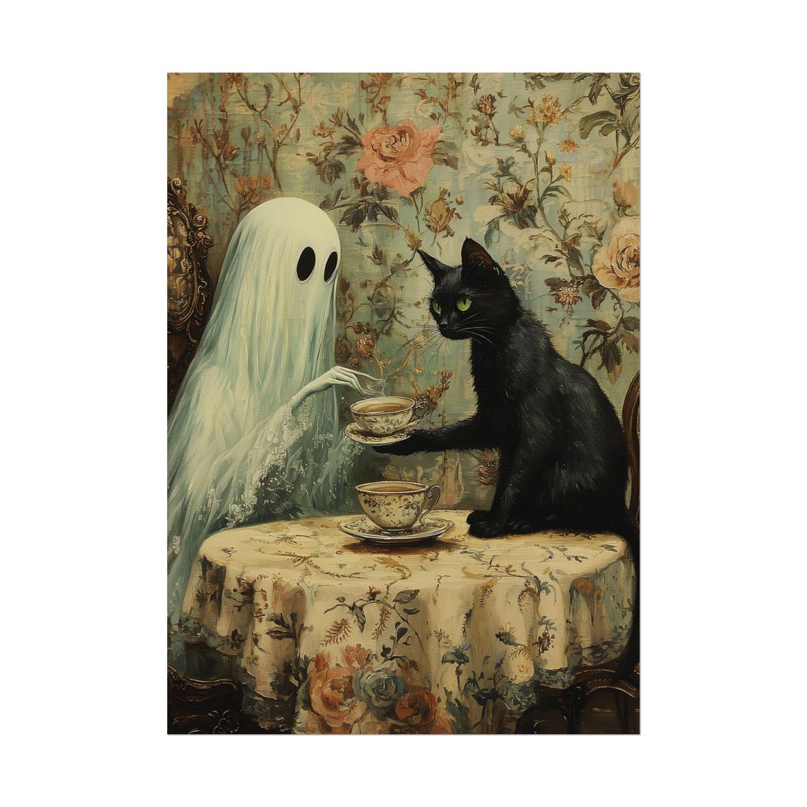 Ghost Serving Tea to a Black Cat at a Floral Covered Table Poster - Image 4