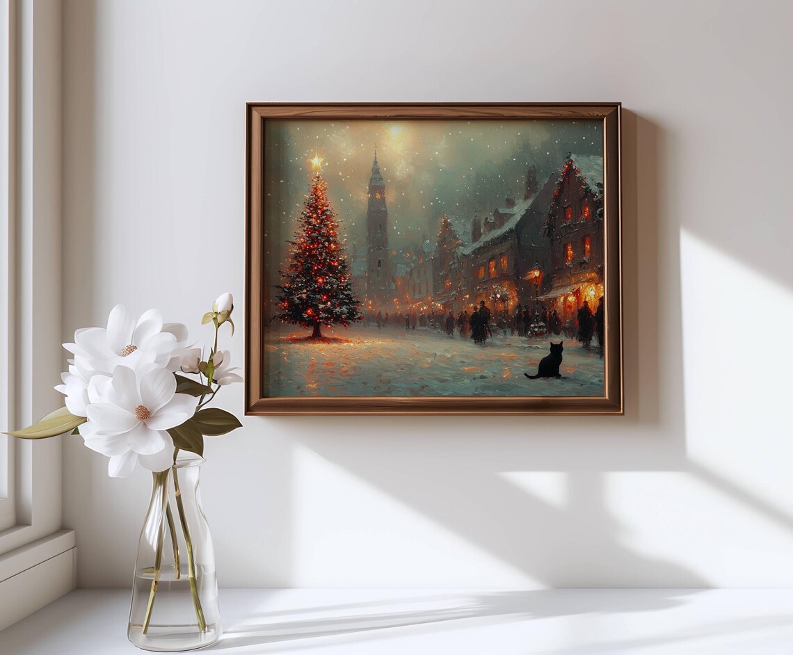 Christmas City Scene With Black Cat, Impressionist Art Print - Image 2