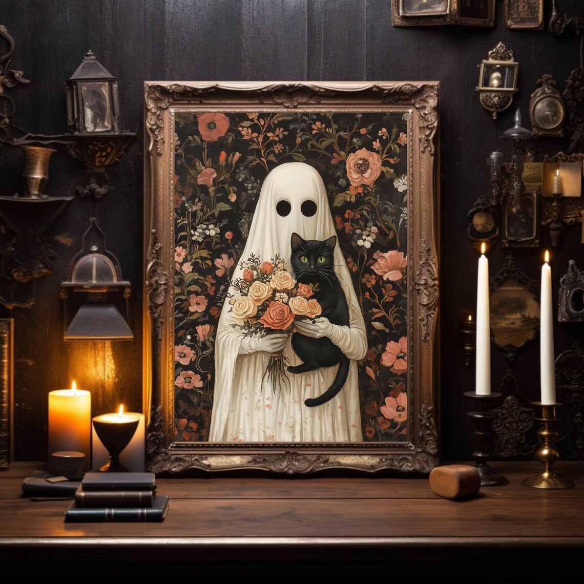 Ghost And Black Cat With Rose Bouquet, Whimsigoth Poster - Image 6