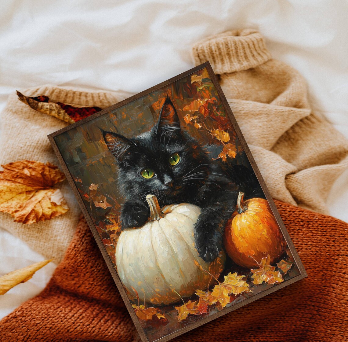 Black Cat With Pumpkins, Halloween Art Print - Image 6