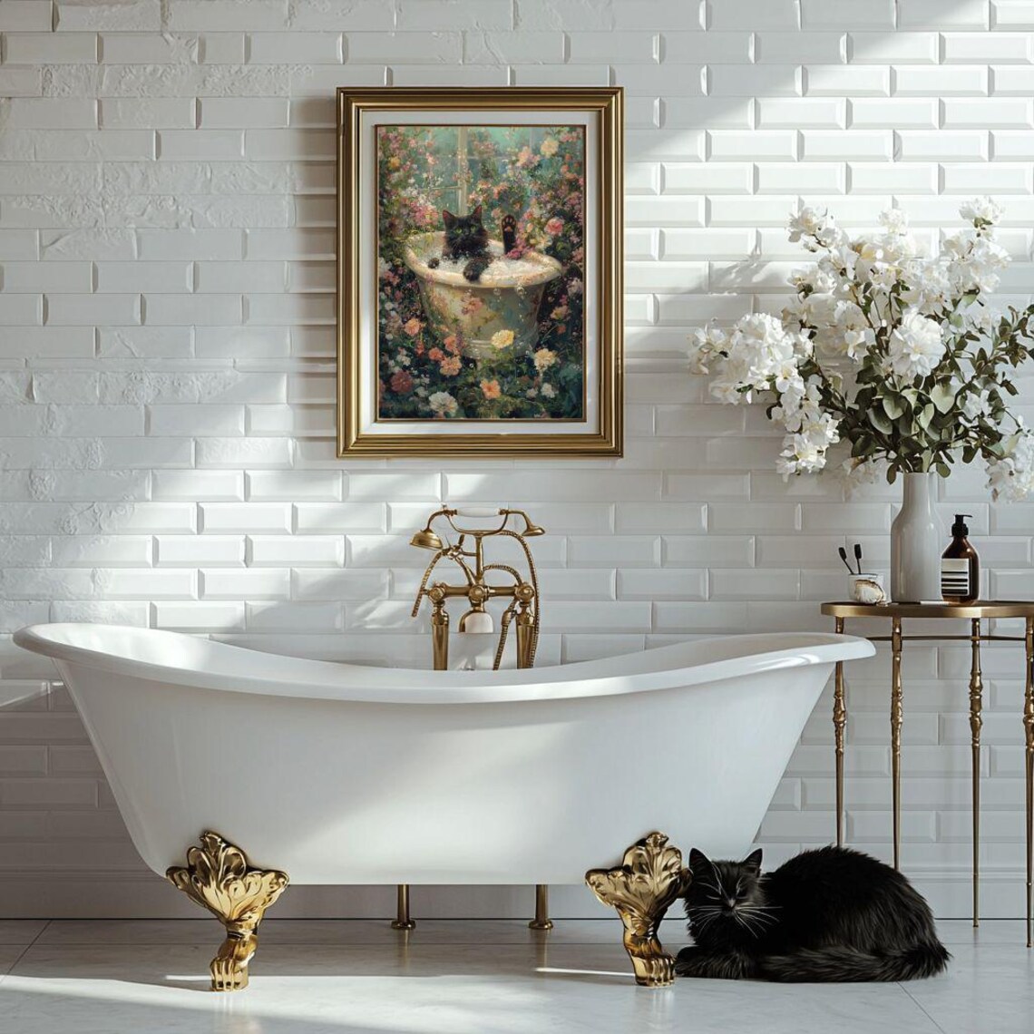 Black Cat In Garden Bubble Bath, Floral Cat Art Print - Image 5