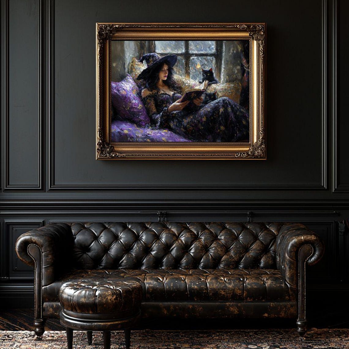 Witch Reading a Spell Book with Two Black Cats by Candlelight Poster - Image 6
