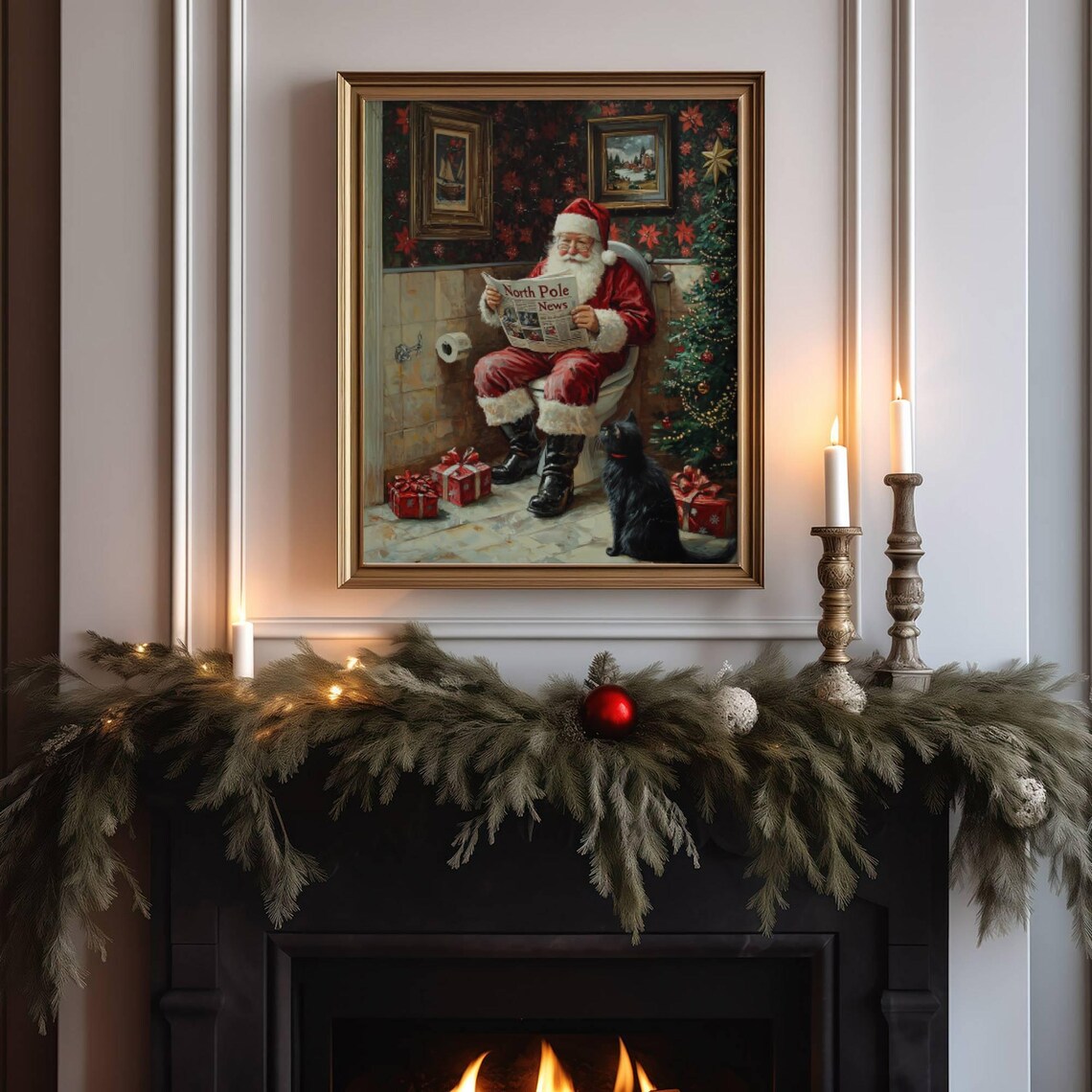 Santa Claus and Black Cat Bathroom Christmas Poster - Image 5