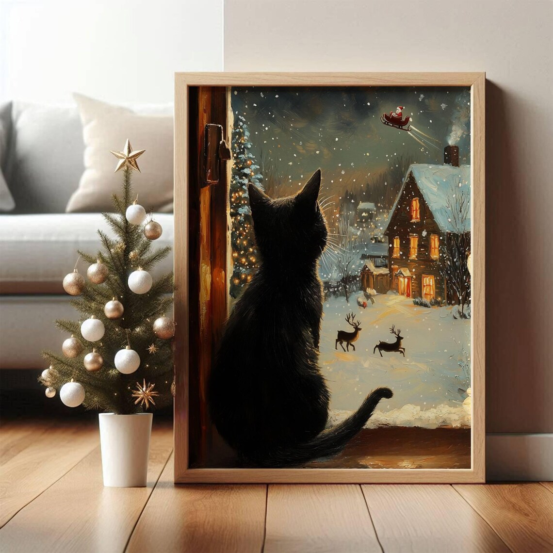 Black Cat Christmas Art Print, Holiday Wall Decor - Image 5