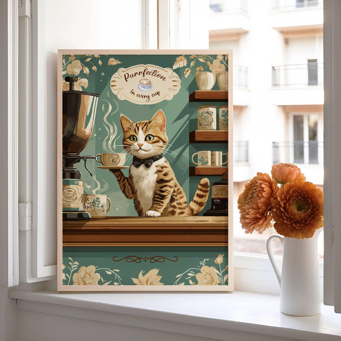 Dapper Tabby Cat Barista in a Bow Tie Serving a Steaming Latte Poster - Image 3