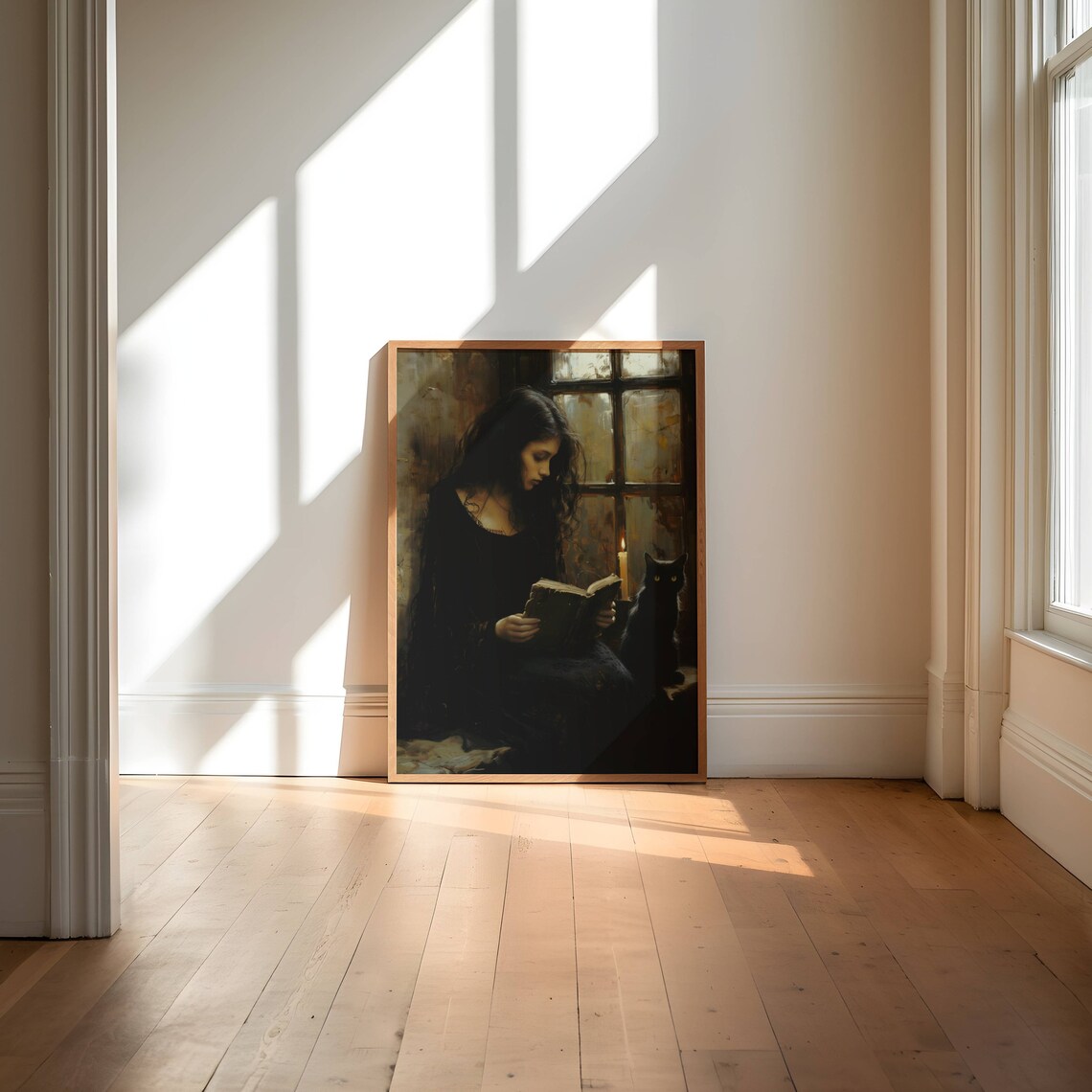 Woman Reading By Candlelight With Black Cat Dark Academia Poster - Image 5