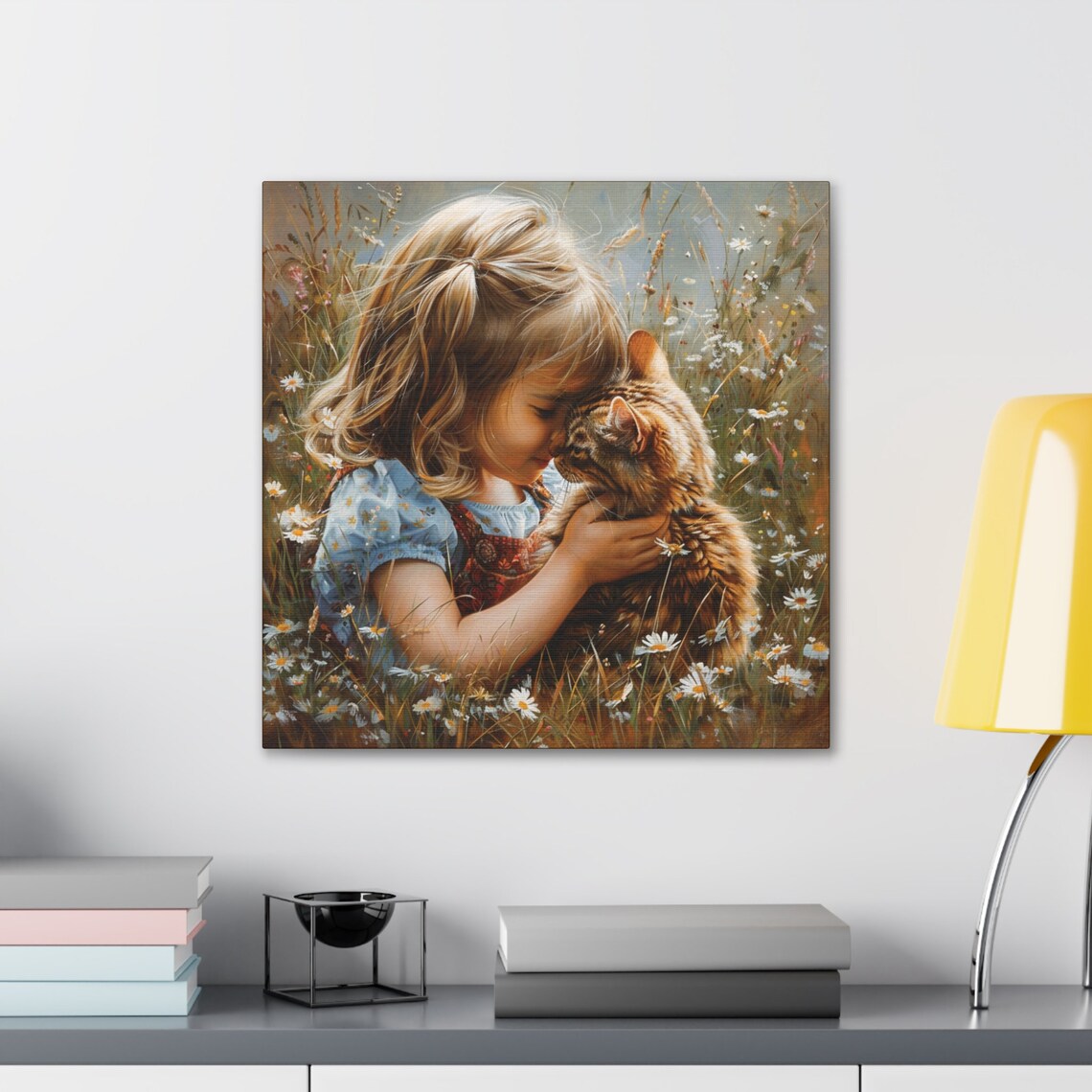Young Girl Hugging Tabby Kitten in Daisy Meadow Painting Poster - Image 3