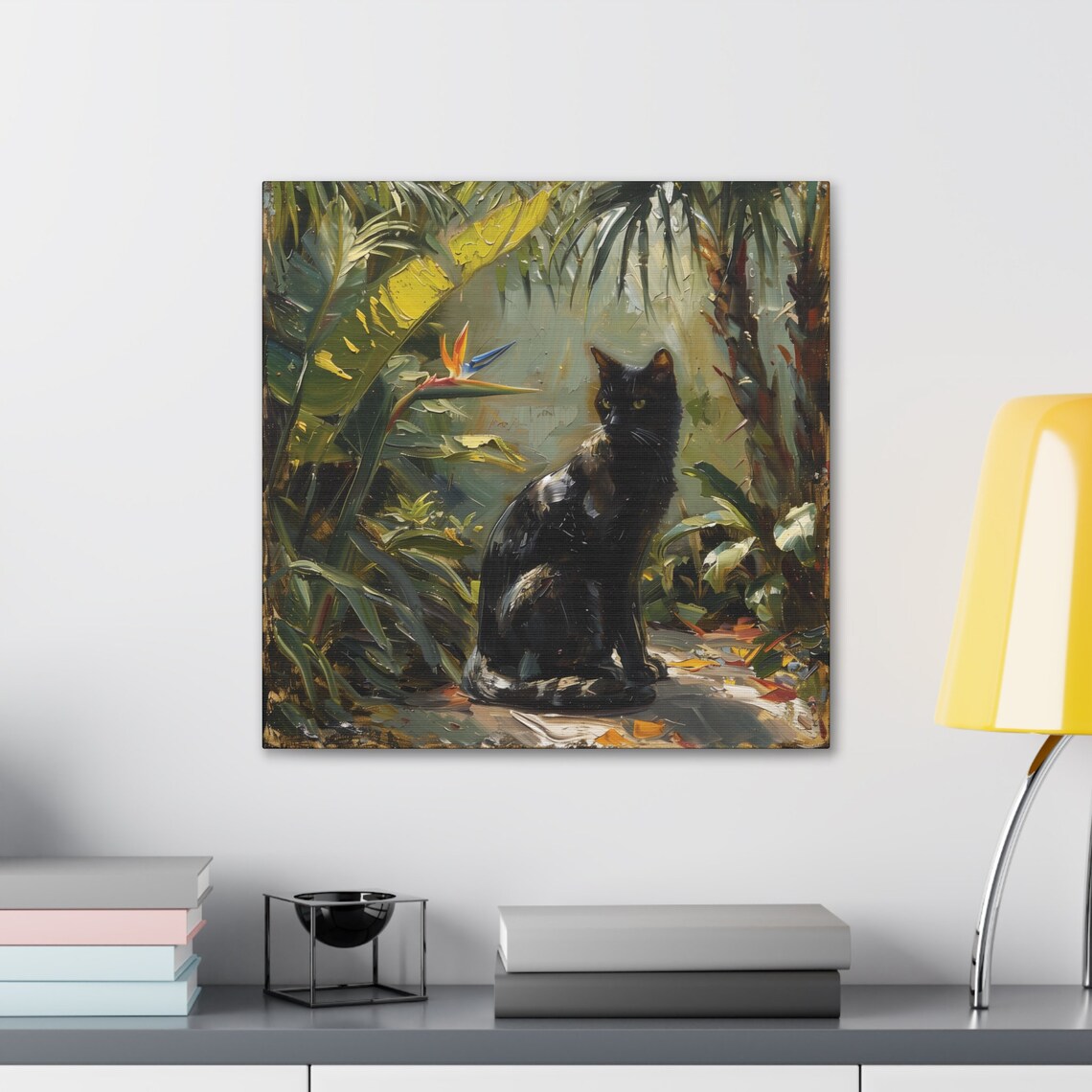 Black Cat in Tropical Garden Bird of Paradise Feline Oil Painting Poster - Image 3